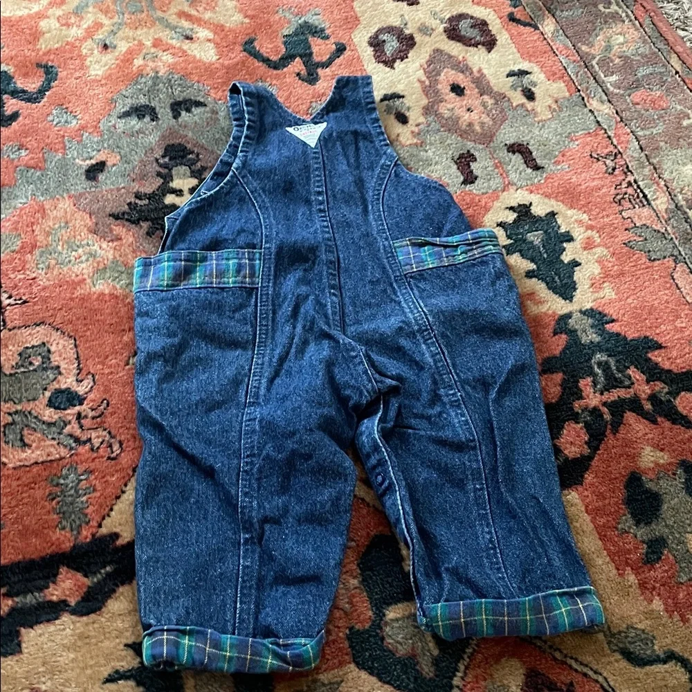 Vintage Baby OshKosh B'gosh Denim Overalls Green Plaid Trim 18M